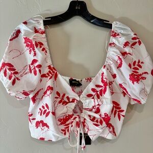 NWT Floral Puff Sleeve Crop Top - White and Red